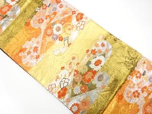 ヱ霞に牡丹・花車模様織出し袋帯